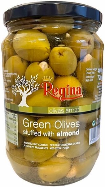 REGINA GRØNNE OLIVEN FYLT MED MANDLER 720g.