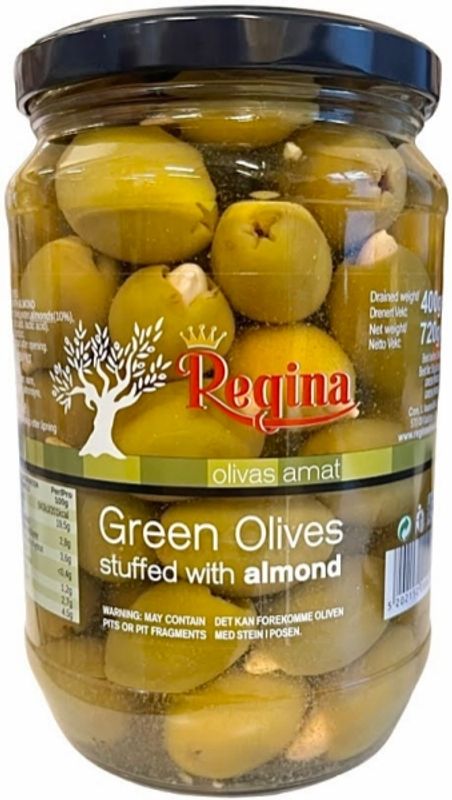REGINA GRØNNE OLIVEN FYLT MED MANDLER 720g.