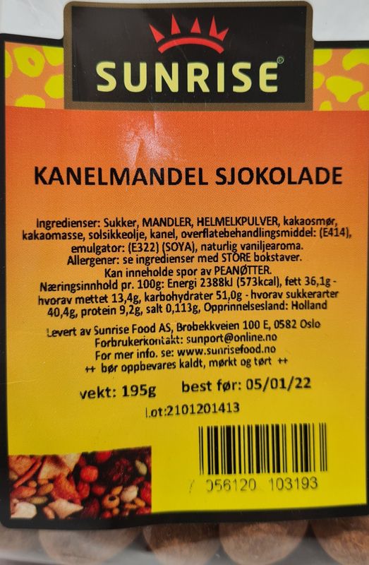 Sunrise Kanelmandler Sjokolade 170g.